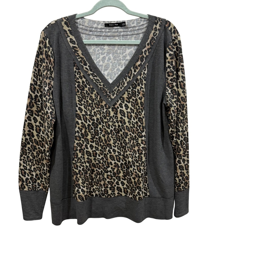 Doe & Rae Womens Leopard Print V-Neck Long Sleeve Top Gray Plus 1XL S# 1070C